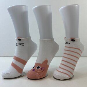 Womens Ankle Socks Set 3 Cat Face Print Stripes Orange White